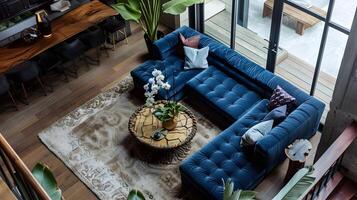 Cozy and Stylish Living Room with Plush Sofa, Wooden Furniture, and Greenery Accents photo