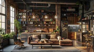 Cozy and Stylish Loft-Style Living Space with Industrial Touches and Ample Bookshelves photo