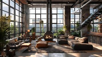 Cozy and Inviting Industrial Loft Living Room with Fireplace and Panoramic Windows photo
