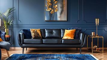 elegante y acogedor en tonos azules vivo habitación con cuero sofá, decorativo acentos y pared decoración foto