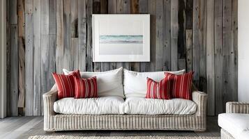 Cozy and Rustic Living Room with Inviting Wooden Walls and Soothing Ocean Artwork photo