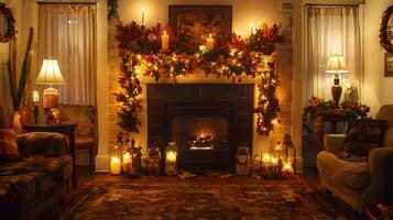 Cozy and Festive Christmas Fireplace Scene with Warm Lighting, Garlands, and Candles in a Inviting Home Interior photo