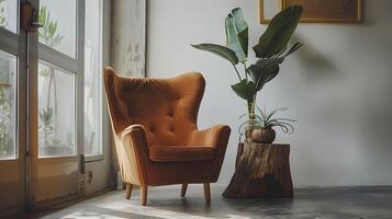 Cozy and Inviting Armchair in a Serene Indoor Setting with Lush Greenery photo