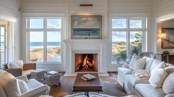 Cozy Coastal Living Room with Fireplace and Ocean View photo