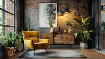 Cozy and Inviting Industrial-Style Living Room with Rustic Charm and Natural Accents photo