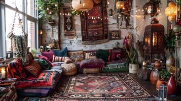 acogedor y atractivo de inspiración boho vivo espacio con ecléctico decoración y calentar ambiente foto