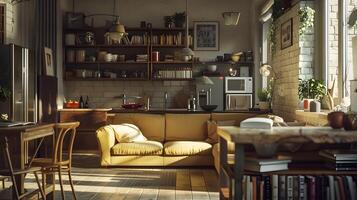 Cozy and inviting kitchen nook with vintage-inspired decor and modern appliances in a warm, rustic environment photo