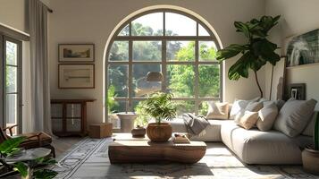 Cozy and Inviting Modern Living Room with Natural Light and Abundant Greenery for a Serene and Peaceful Ambiance photo