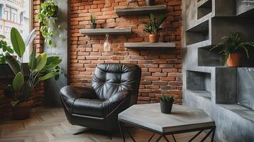 Cozy and Inviting Loft-Style Living Space with Brick Walls and Stylish Furnishings photo