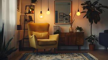 Cozy and Inviting Minimalist Living Room with Warm Lighting and Scandinavian Inspired Decor photo