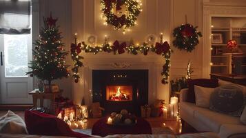 Cozy and Festive Christmas Living Room with Fireplace and Decor photo