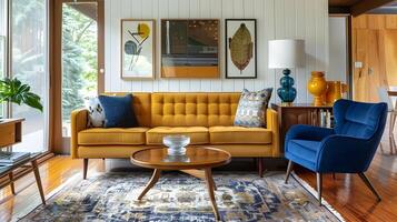 Cozy and Inviting Retro-Inspired Living Room with Vibrant Colors and Eclectic Furnishings photo