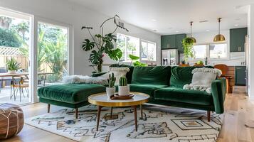 Cozy and Inviting Modern Living Room with Lush Greenery and Warm Natural Tones photo