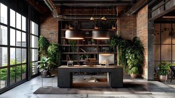 Cozy Industrial Loft Workspace with Brick Walls and Wooden Decor for a Productive and Inspiring Work Environment photo