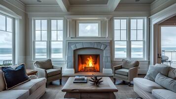 Cozy and Inviting Living Room with Crackling Fireplace and Panoramic Ocean View photo