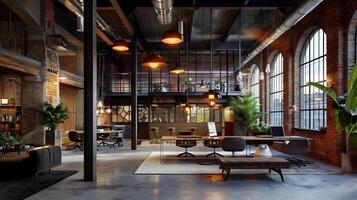 Cozy and Functional Loft-Style Industrial Workspace Exuding Modern Comfort and Creativity photo