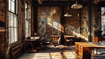 Cozy and Inspiring Industrial-Style Creative Workspace with Vintage Furniture and Lighting photo