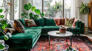 Cozy and Inviting Bohemian-Style Living Room with Lush Greenery and Vibrant Textiles photo