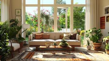 Cozy and Inviting Living Space with Lush Greenery and Natural Elements photo