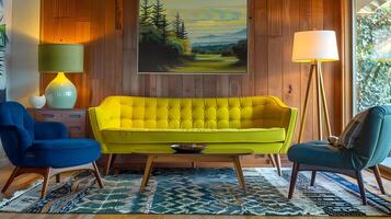 acogedor y sofisticado medio siglo inspirado vivo habitación con vibrante mobiliario y cautivador paisaje obra de arte foto