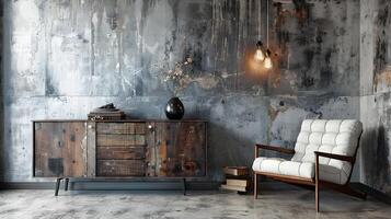 Weathered Rustic Furniture and Decor in Moody Loft-Style Interior photo