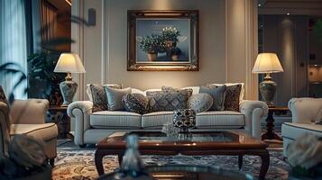 Luxurious and Cozy Living Room with Refined Decor and Captivating Artwork photo