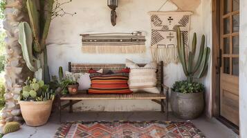 Cozy and Eclectic Southwestern-Inspired Entryway with Rustic Decor and Potted Plants photo