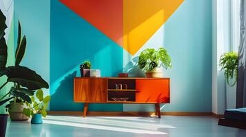 Vibrant Geometric Interiors with Retro Furnishings and Lush Greenery photo