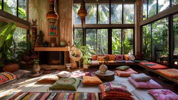 Cozy and Eclectic Boho-Inspired Living Space with Handcrafted Furnishings and Tropical Greenery photo