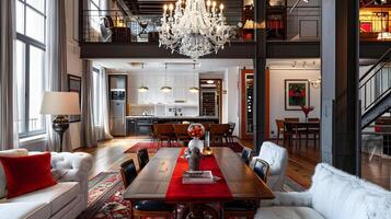 Luxurious and Inviting Open-Concept Living Space with Rustic Touches and Refined Elegance photo