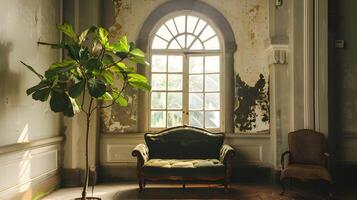 An Ornate, Weathered Sofa Sits Beneath a Towering Arched Window in a Forgotten, Abandoned Room Bathed in Natural Light, Evoking a Sense of Nostalgic photo