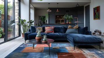 elegante y acogedor contemporáneo vivo espacio con felpa Armada sofá y ingenioso alfombra acentos foto