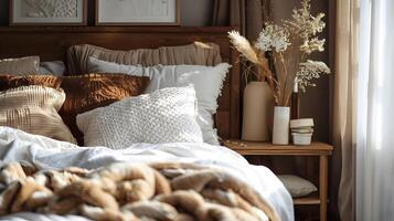 Serene and Inviting Bedroom Oasis with Textured Bedding and Floral Accents photo