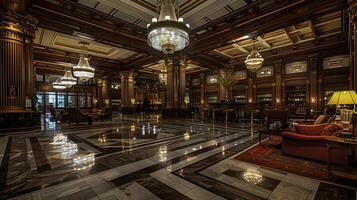 Elegant and Ornate Luxury Hotel Lobby with Marble Floors and Sparkling Chandelier photo