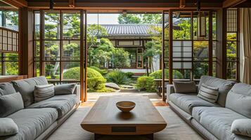 sereno de inspiración japonesa santuario con lozano jardín vistas y influenciado por el zen decoración foto