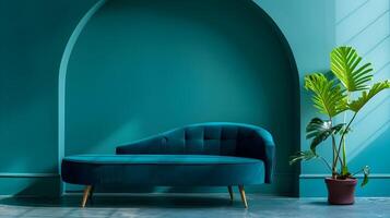 Sophisticated Velvet Sofa in Lush Green Oasis A Harmonious Refuge of Tranquility photo