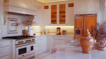 elegante y espacioso moderno cocina con reluciente accesorios y gabinetes para refinado hogar Cocinando y entretenido foto