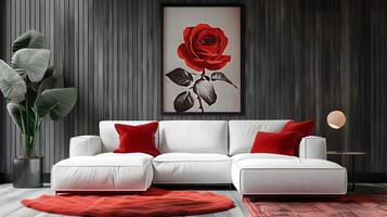 elegante y sofisticado vivo habitación con sorprendentes rojo Rosa pared Arte foto