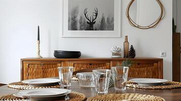 Rustic Wooden Dining Setup with Deer Antler Decor and Natural Landscape Artwork photo