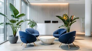 Chic and Cozy Contemporary Living Room with Lush Tropical Foliage and Elegant Furnishings photo