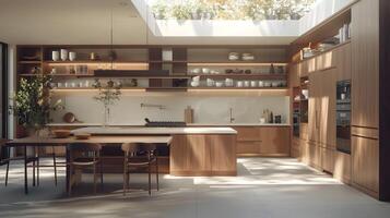 brillante y aireado moderno cocina con de madera mobiliario y limpio, minimalista diseño para un acogedor, cómodo Doméstico vivo experiencia foto