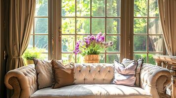 Cozy and Elegant Living Room with Scenic Garden View through Large Window photo