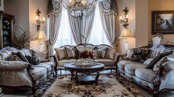 Ornate and Lavish Living Room with Elegant Furnishings and Opulent Decor photo