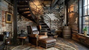 Cozy and Charming Rustic Interiors with Exposed Brick Walls, Vintage Furniture, and Warm Lighting Accents photo