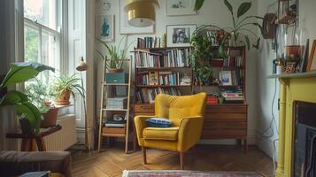 Cozy and Charming Bookshelf-Filled Living Room with Lush Greenery and Warm Lighting photo