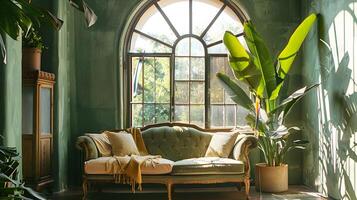 opulento Clásico salón con lozano verdor y antiguo mobiliario foto
