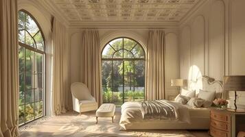 Ornate Luxury Bedroom with Arched Windows and Elegant Furnishings in Opulent Neoclassical Interior Design photo