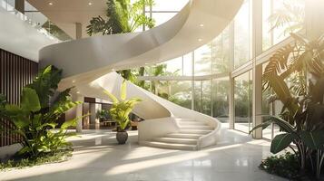 Elegant and Airy Luxury Atrium with Curved Staircase and Lush Tropical Plants in Modern Commercial Building Lobby photo