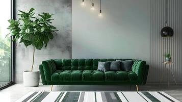 elegante y acogedor verde terciopelo sofá en un moderno minimalista vivo habitación con lozano interior planta y calentar Encendiendo foto