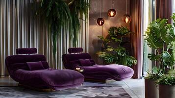 Luxurious Velvet Seating in a Lush, Tropical-Inspired Interior photo